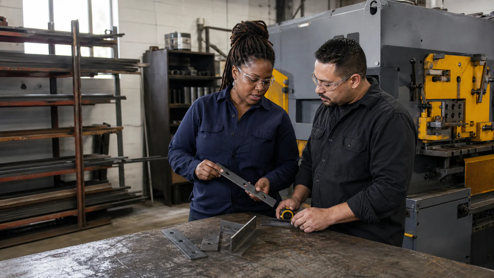 Two fabrication professionals inspect punched flat bar beside a guarded hydraulic ironworker.